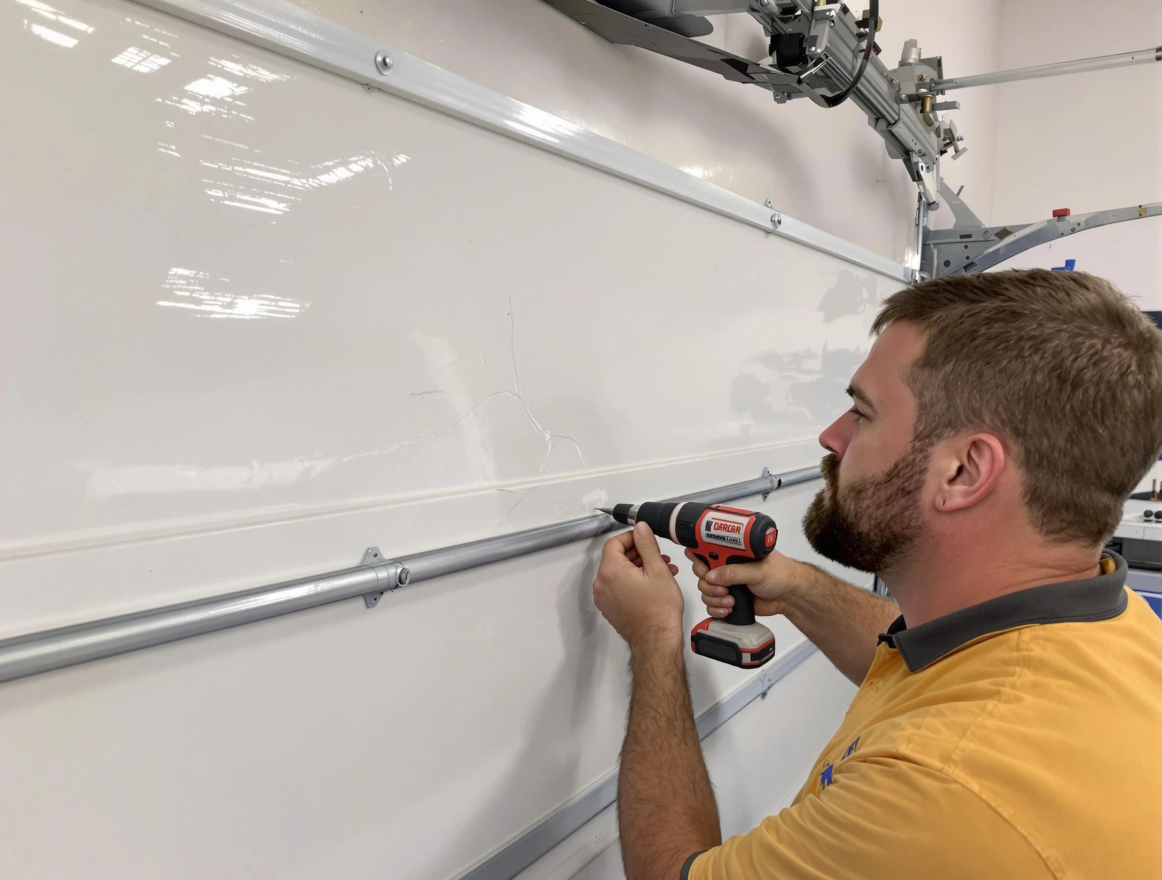 Bradley Gardens Garage Door Repair expert performing dent repair on garage door in Bradley Gardens